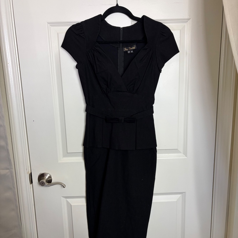 Stop Staring! Black Peplum Wiggle Dress Vintage Style Rockabilly Midi Medium